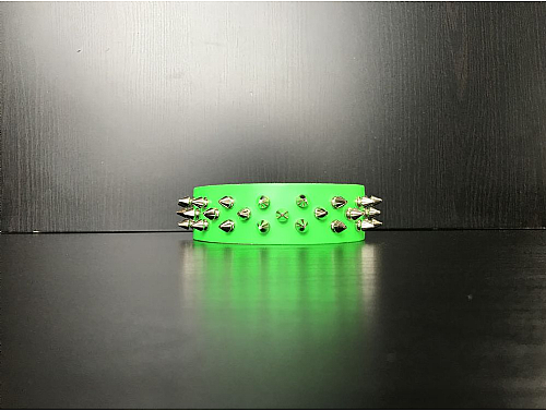 Fluorescent Green/3 Spike Studs - Leather Dog Collar - Size S